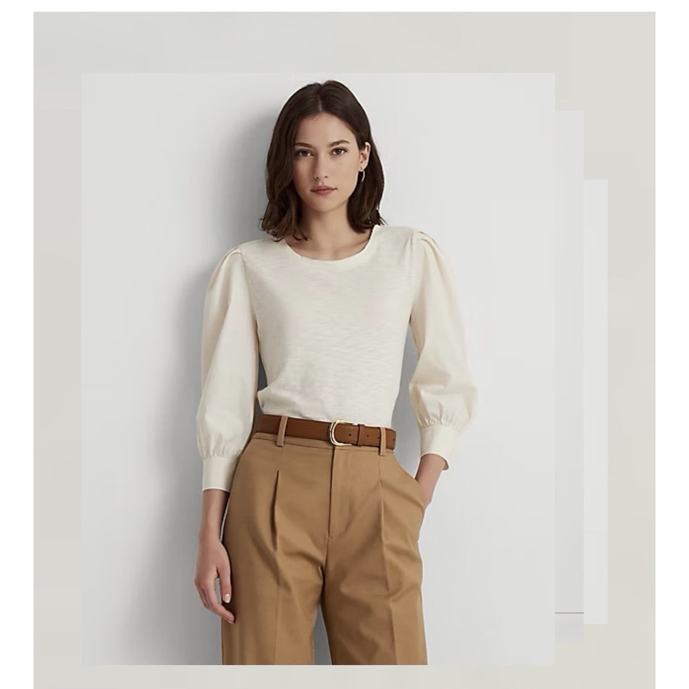 Ralph Lauren Black Label Womens Jersey Poplin Puff Sleeve Top XL Ivory Preppy